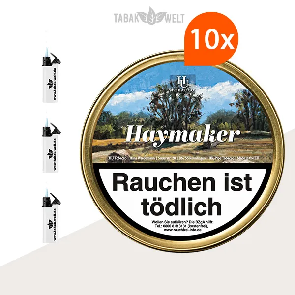 HU Tobacco Haymaker Pfeifentabak 10 Dosen mit Feuerzeugen
