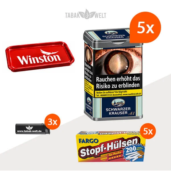 Schwarzer Krauser No. 1 Feinschnitt-Tabak, 5 Dosen mit insgesamt 1.000 Stopfhülsen und einem Stopftablett.