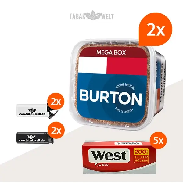 Burton Blue Volumentabak 2x Mega Box mit 1000 Filterhülsen und Feuerzeugen