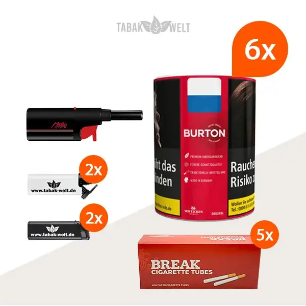 Burton Original Feinschnitt-Tabak 6x Dose mit 1000 King Size Hülsen und Stabfeuerzeug Burton Original Feinschnitt-Tabak 6x Dose mit 1000 King Size Hülsen und Stabfeuerzeug