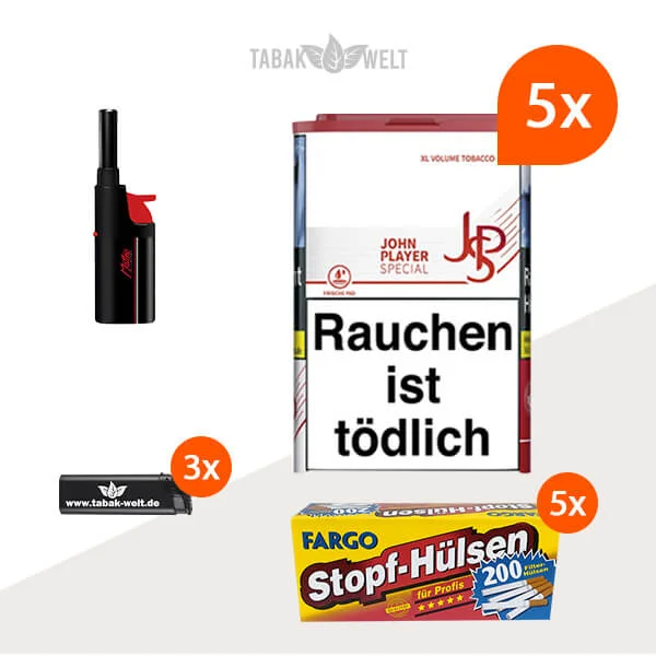 JPS XL Red Volumentabak 5x Dose mit 1000 Filterhülsen und Stabfeuerzeug