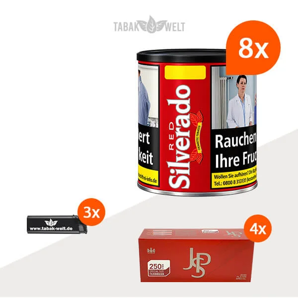 Silverado Red Cigarette Tobacco Wide Cut im 8er-Pack mit acht Dosen, 1.000 Special Size Hülsen und Feuerzeugen