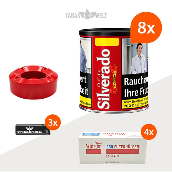 Silverado Red Cigarette Tobacco Wide Cut im 8er-Pack mit acht Dosen und 1.000 Extra Size Hülsen