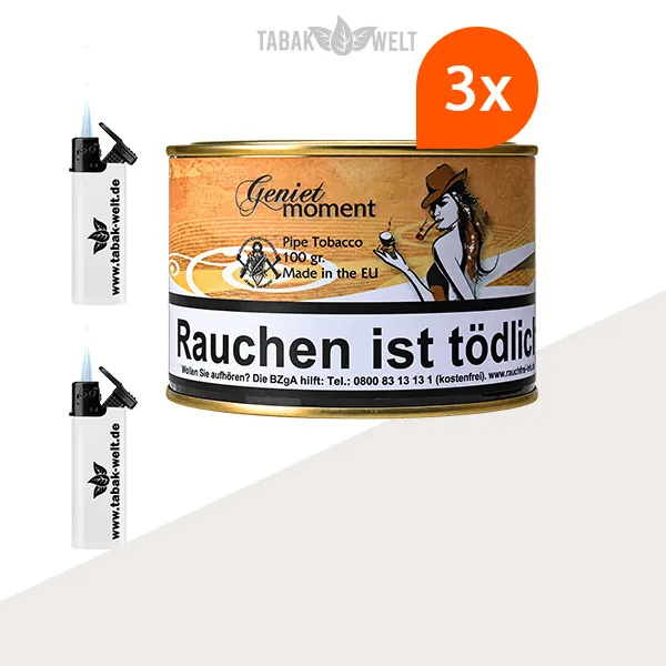 HU Tobacco Geniet Moment Pfeifentabak, 3 Dosen mit Feuerzeugen