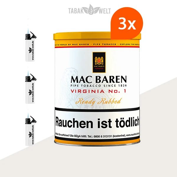 Mac Baren Virginia No. 1 Pfeifentabak – 3 große Dosen mit Feuerzeugen