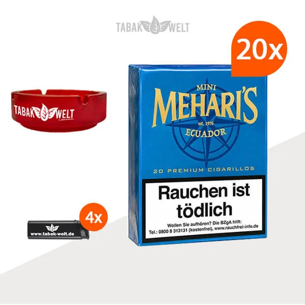20x Mehari S Mini Ecuador mit Feuerzeuge und Glasaschenbecher – Zigarren