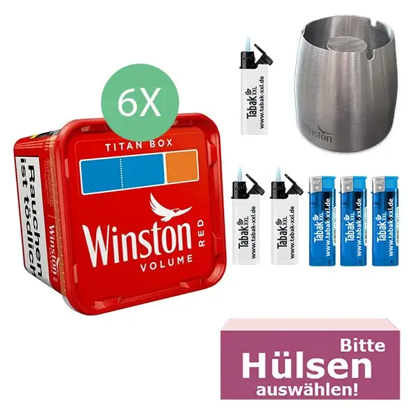 Winston Volumentabak 6 x Titan Box mit wählbaren Filterhülsen und Metallaschenbecher