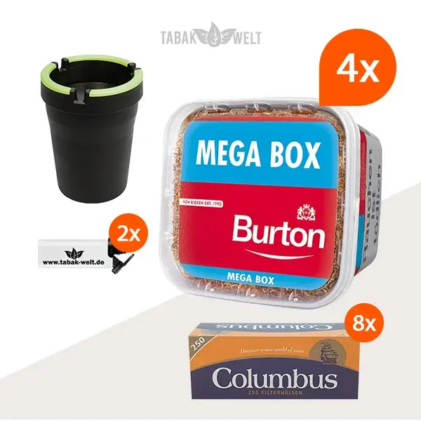 Burton Red Volumentabak 4x Mega Box mit 2000 King Size Filterhülsen und Auto-Aschenbecher