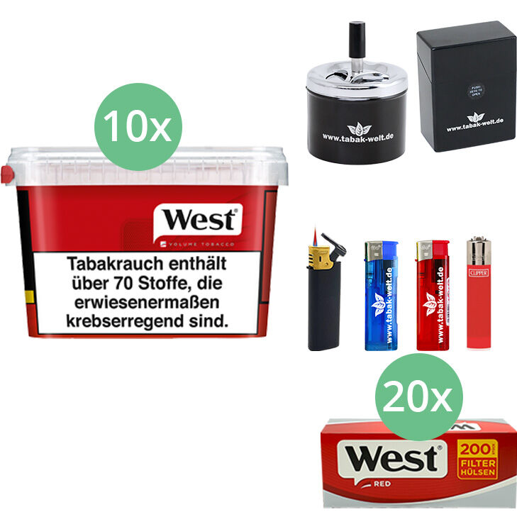 West Tabak Red 10 x Mega Box mit 4000 Special Size Hülsen, Clipper Feuerzeug 