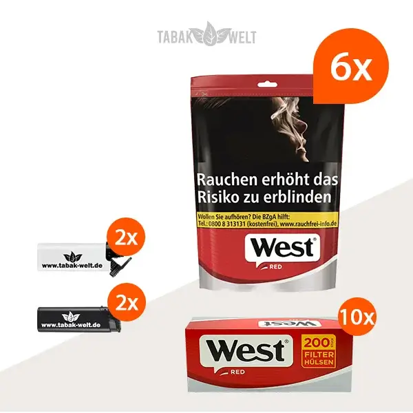 west-red-volumentabak-6x-beutel-mit-2000-huelsen-und-feuerzeugen