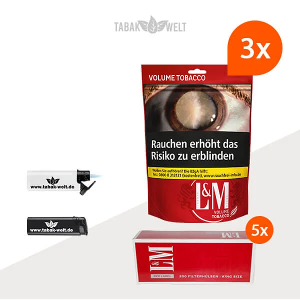 L&M Red Volumentabak 3x Beutel  mit 1000 Filterhülsen und Feuerzeugen