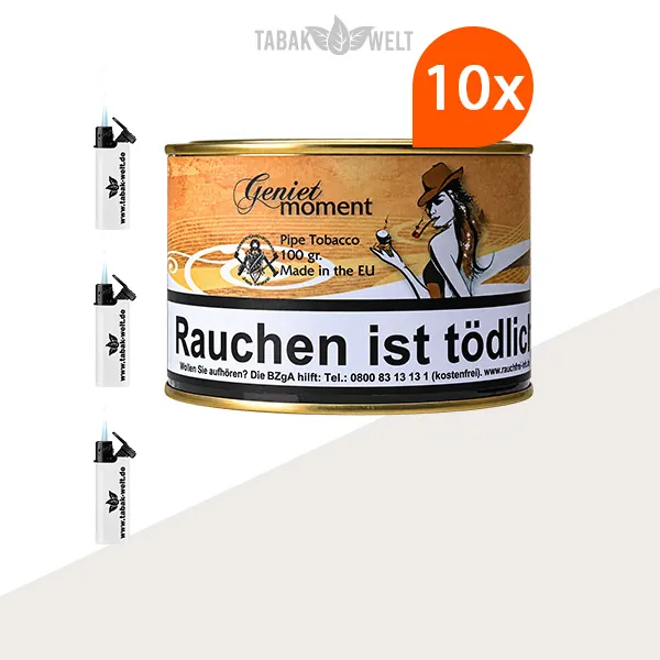 HU Tobacco Geniet Moment Pfeifentabak, 10 Dosen mit Feuerzeugen