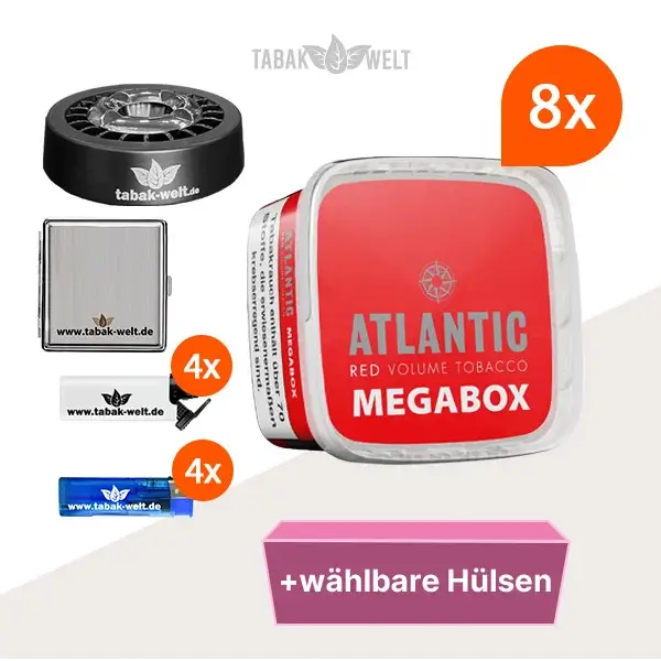 Atlantic Red Premium Volumentabak 8x Mega Box mit wählbaren Hülsen und Roulette Aschenbecher