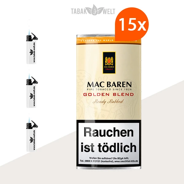 Mac Baren Golden Blend Pfeifentabak 15er-Pouch-Set mit Feuerzeugen
