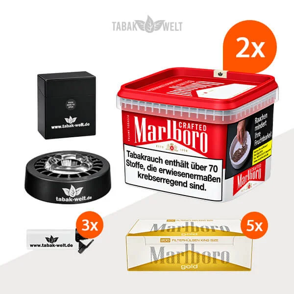 Marlboro Volumentabak 2x Eimer mit 1000 Gold Filterhülsen und Sturmfeuerzeug