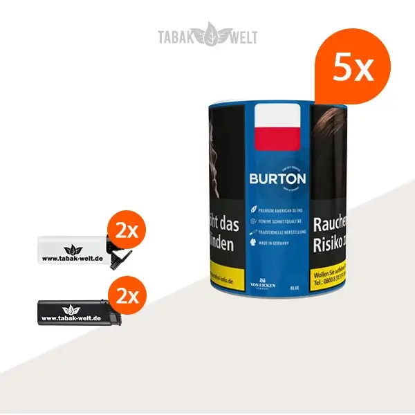 Burton Blue Feinschnitt-Tabak 5x Dose mit Feuerzeugen