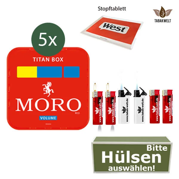 Moro Volumentabak 5 x Titan Box mit wählbaren Hülsen und Sturmfeuerzeug Moro Volumentabak 5 x Titan Box mit wählbaren Hülsen und Sturmfeuerzeug