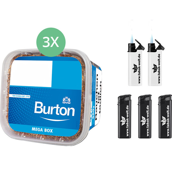Burton Blue Tabak 3 x Mega Box mit Feuerzeugen