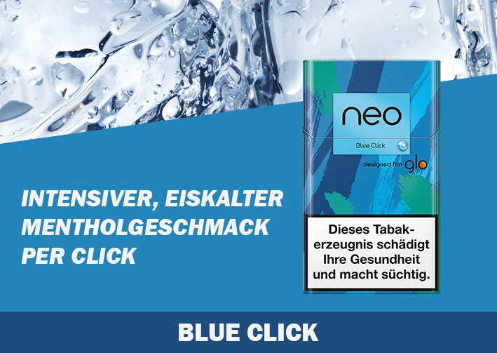 Die neo Sticks blue tobacco vor einem blauen Hintergrund mit Eis am oberen Bildrand