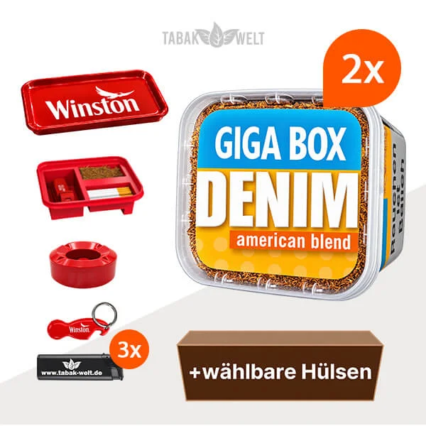 Denim Blend Volumentabak im 2er-Pack Giga-Box mit wählbaren Hülsen und Aktionszubehör