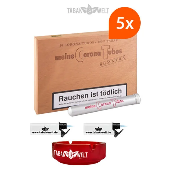 5x-meine-corona-tubos-sumatra-zigarren-mit-sturm-feuerzeuge-und-glas-aschenbecher