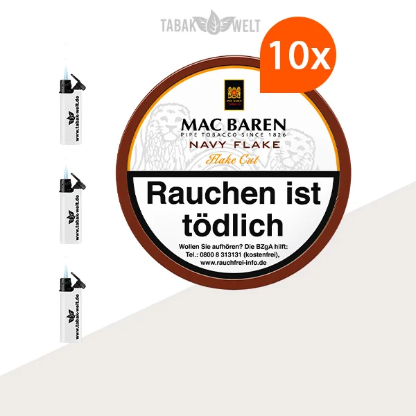 Mac Baren Navy Flake Pfeifentabak – 10x Dose mit Feuerzeugen