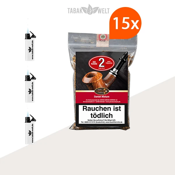 No Name No. 2 Danish Mixture Pfeifentabak – 15 Beutel mit Sturmfeuerzeugen