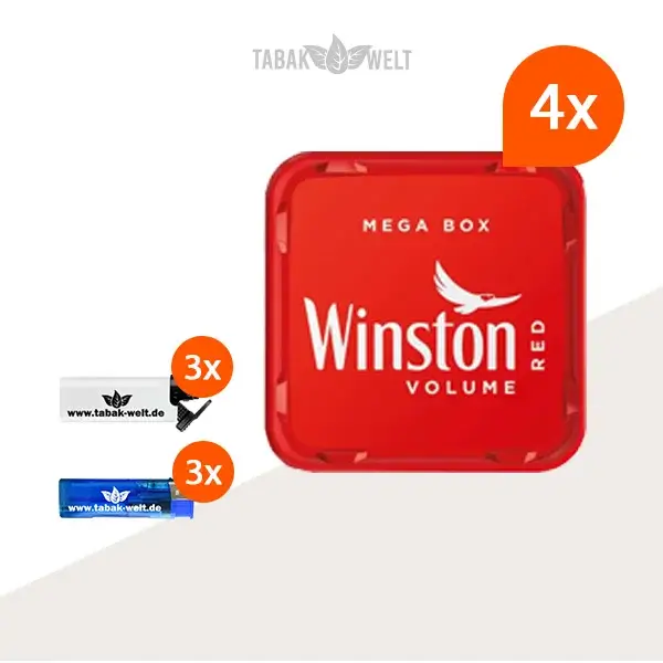 Winston Red Volumentabak 4x Mega Box mit Sturmfeuerzeugen