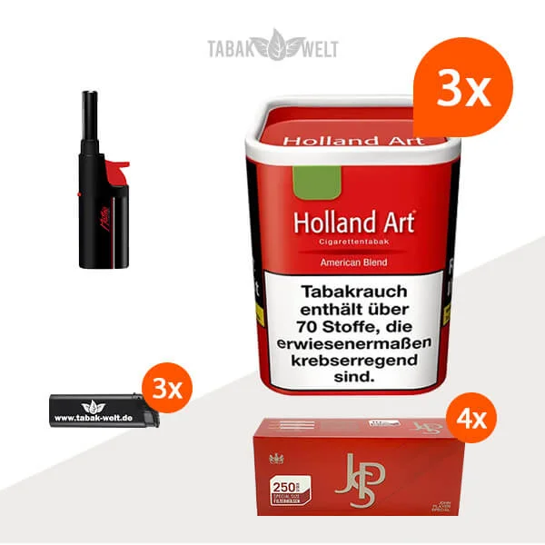 Holland Art American Blend Rot Feinschnitt Tabak 3x Dose mit 1000 Special Size Hülsen und Stabfeuerzeug