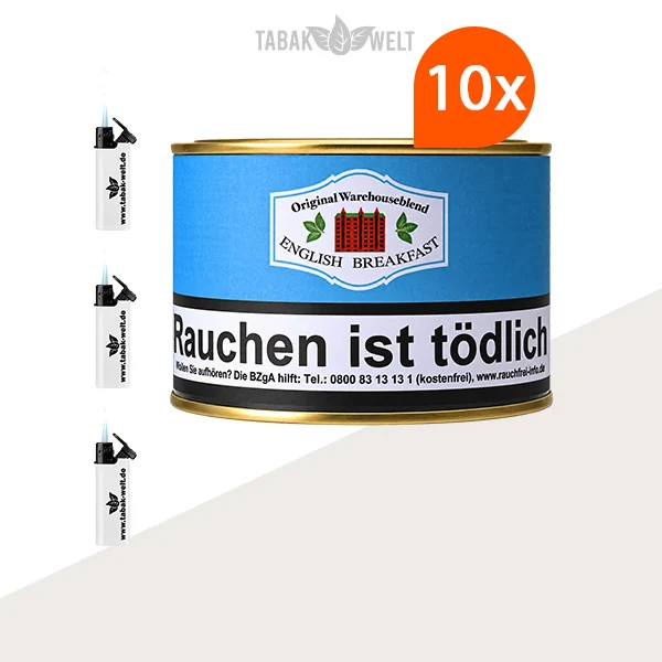 HU Tobacco English Breakfast Pfeifentabak, 10 Dosen mit Feuerzeugen