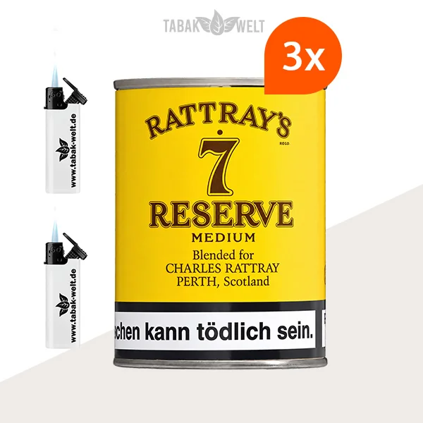 Rattray’s British Selection 7 Reserve Pfeifentabak – 3er-Box mit Feuerzeugen