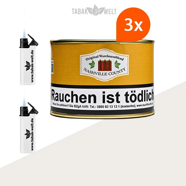 HU Tobacco Nashville County Pfeifentabak – 3 Dosen mit Feuerzeugen im Set