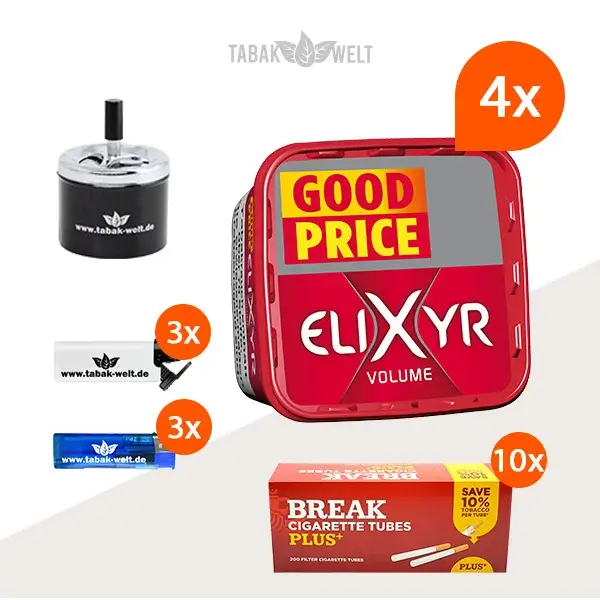 Elixyr Volumentabak Red 4 x Eimer mit 2000 Plus Hülsen und Drehaschenbecher
