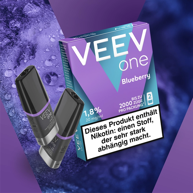 veev one pods blueberry multipack auf lila hintergrund mit zwei pods 