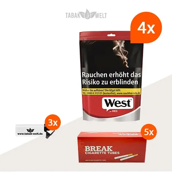 west-red-volumentabak-4x-beutel-mit-sturmfeuerzeugen-und-1000-filterhuelsen
