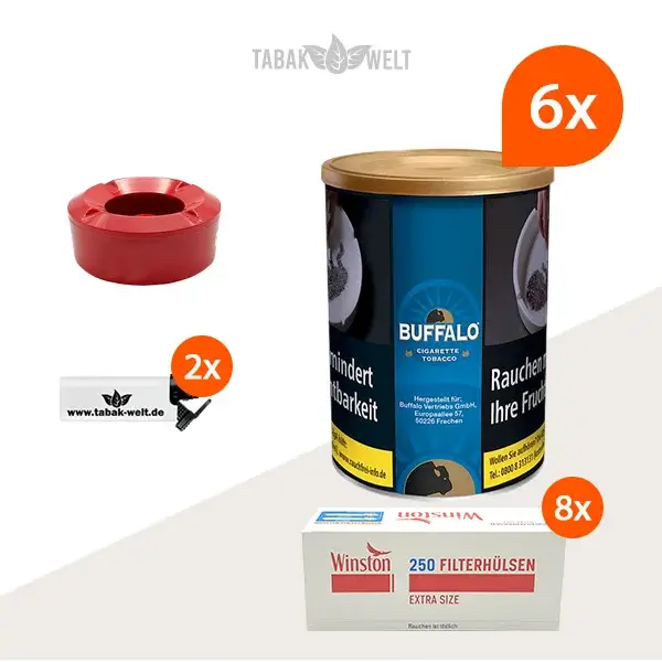 Buffalo Blau Feinschnitttabak 6x Dose mit 2000 Extra Size Hülsen Buffalo Blau Feinschnitttabak 6x Dose mit 2000 Extra Size Hülsen