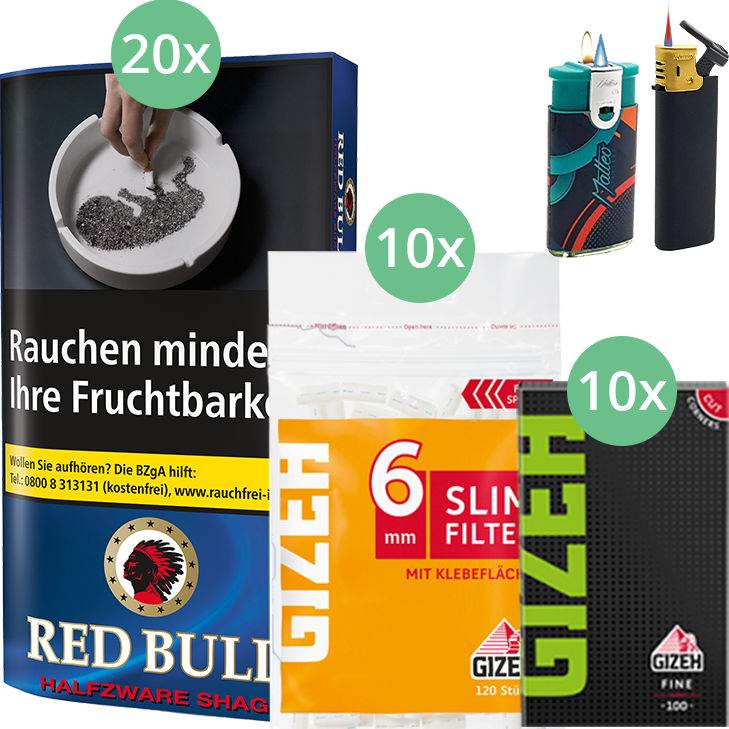 Red Bull Halfzware Shag 20 x 40g mit Gizeh Blättchen und Filter