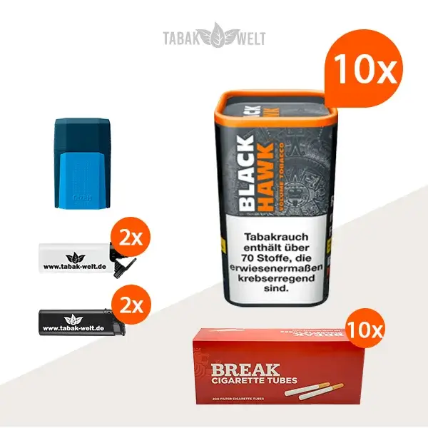 Black Hawk Volumentabak 10x Dose mit 2000 King Size Hülsen und Etui Black Hawk Volumentabak 10x Dose mit 2000 King Size Hülsen und Etui