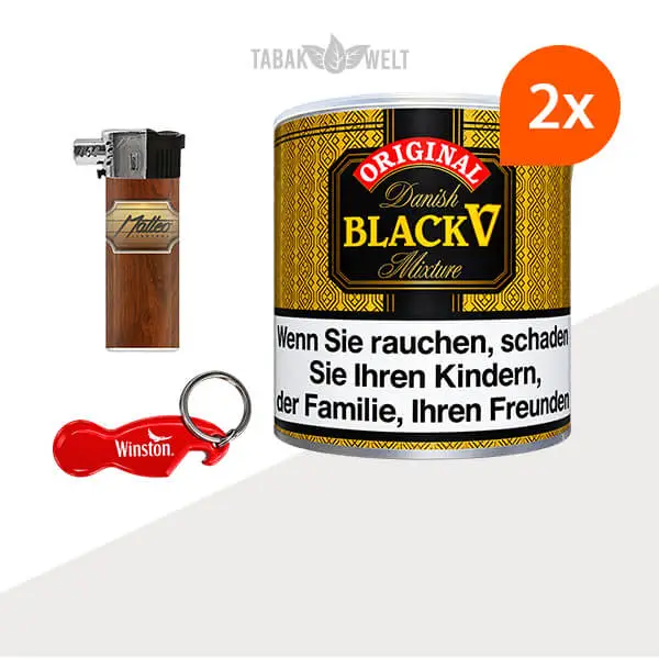 Danish Black V Pfeifentabak 2 Dosen mit Pfeifenfeuerzeug