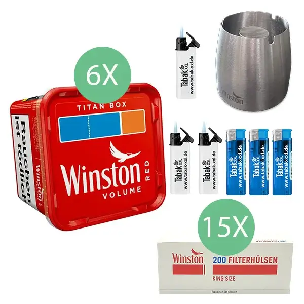 Winston Volumentabak 6 x Titan Box mit 3000 Winston King Size Hülsen 