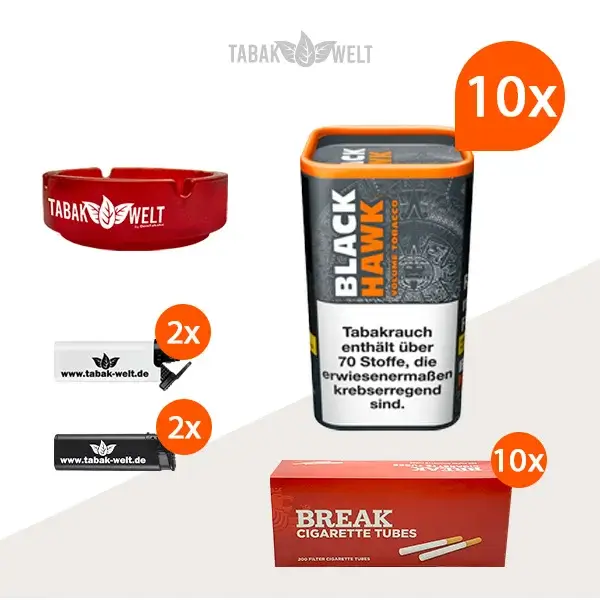 Black Hawk Volumentabak 10x Dose mit 2000 King Size Hülsen und Glas Aschenbecher Black Hawk Volumentabak 10x Dose mit 2000 King Size Hülsen und Glas Aschenbecher