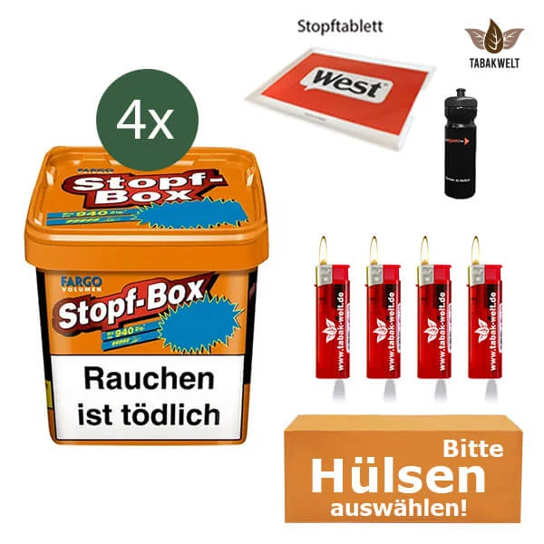 Fargo Volumentabak 4 x Stopf-Box XXL mit wählbaren Filterhülsen und Sportflasche 