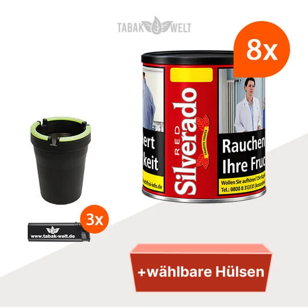 Silverado Red Cigarette Tobacco Wide Cut im 8er-Pack mit acht Dosen und wählbaren Hülsen