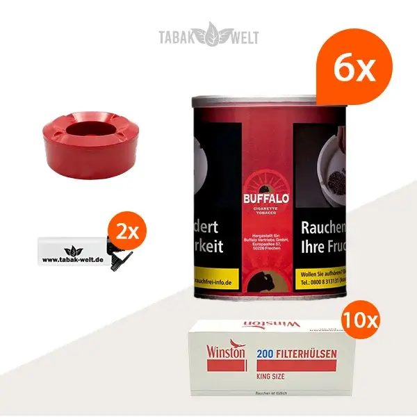 buffalo-red-feinschnitttabak-6x-dose-mit-2000-filterhuelsen-und-windaschenbecher