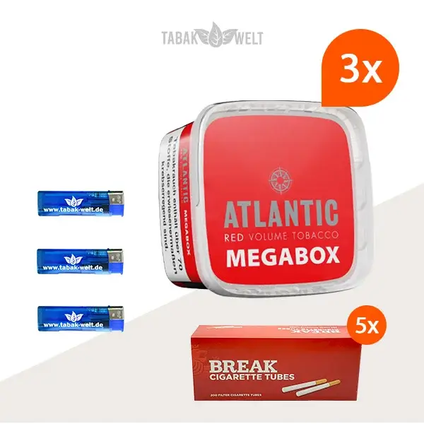  Atlantic Red Premium Volumentabak 3x Mega Box mit 1000 Hülsen und Feuerzeugen