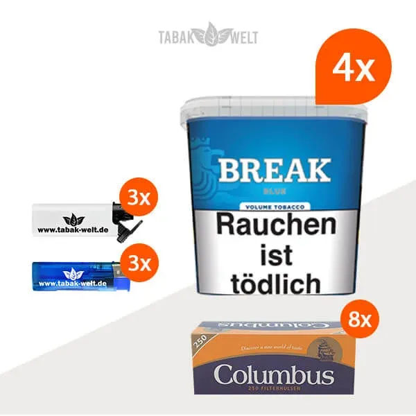 break-blue-volumentabak-4x-giga-box-mit-2000-king-size-huelsen-mit-feuerzeugen