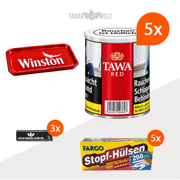Tawa Red Feinschnitt Tabak – 5 Dosen mit 1000 King-Size-Hülsen und Stopftablett