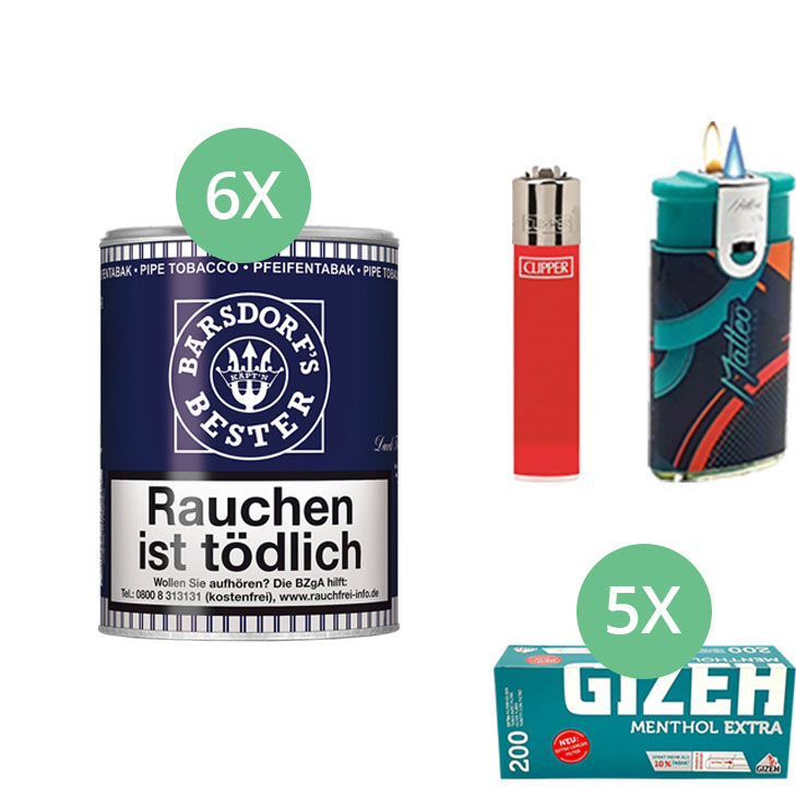 Barsdorf´s Bester Dark Fired 6 x 160g Pfeifentabak mit 1000 Menthol Extra Hülsen