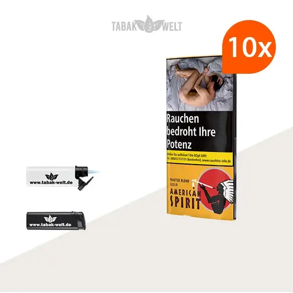American Spirit Master Blend Gold Feinschnitt-Tabak 10x Pouch mit Feuerzeugen