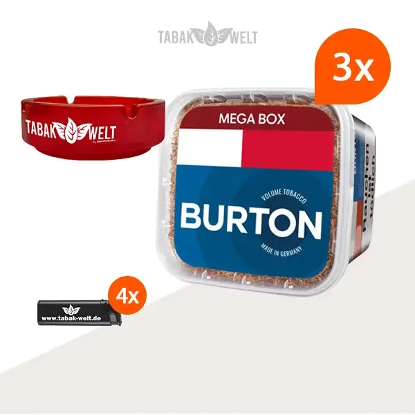 Burton Blue Volumentabak 3x Mega Box mit Glas Aschenbecher